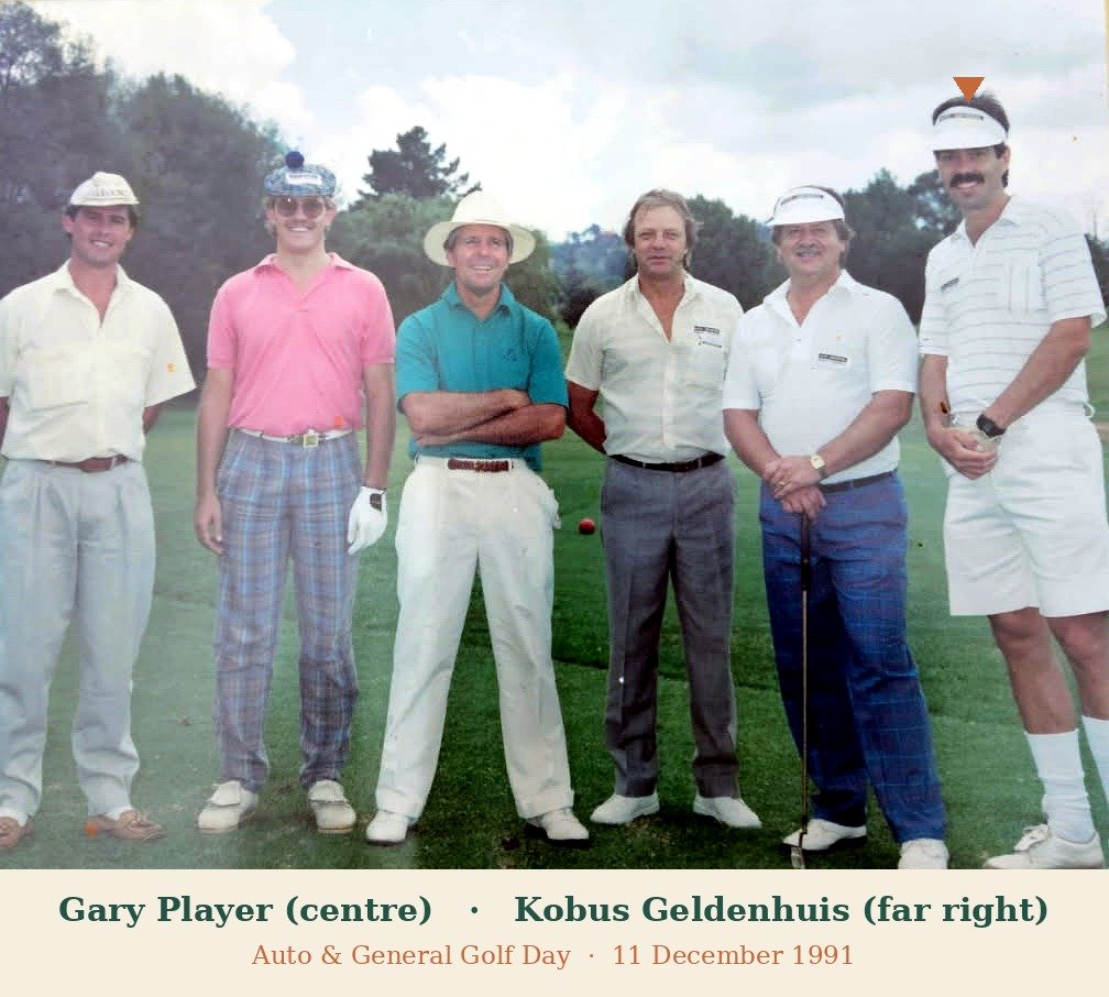 Six golfers standing on a fairway at the Auto & General Golf Day, 11 December 1991 — Gary Player at centre in his white hat, Kobus Geldenhuis at far right
